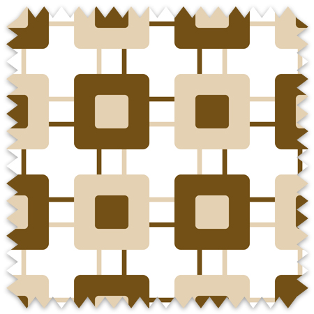 The artwork is a geometric pattern composed of interlocking squares in varying shades of brown. Larger squares alternate between a medium brown and a tan, each containing smaller squares of contrasting shades inside them. Thin horizontal and vertical lines connect the larger squares, forming a grid-like structure on a white background. The pattern is repetitive and symmetrical, creating a rhythmic and balanced visual effect.
